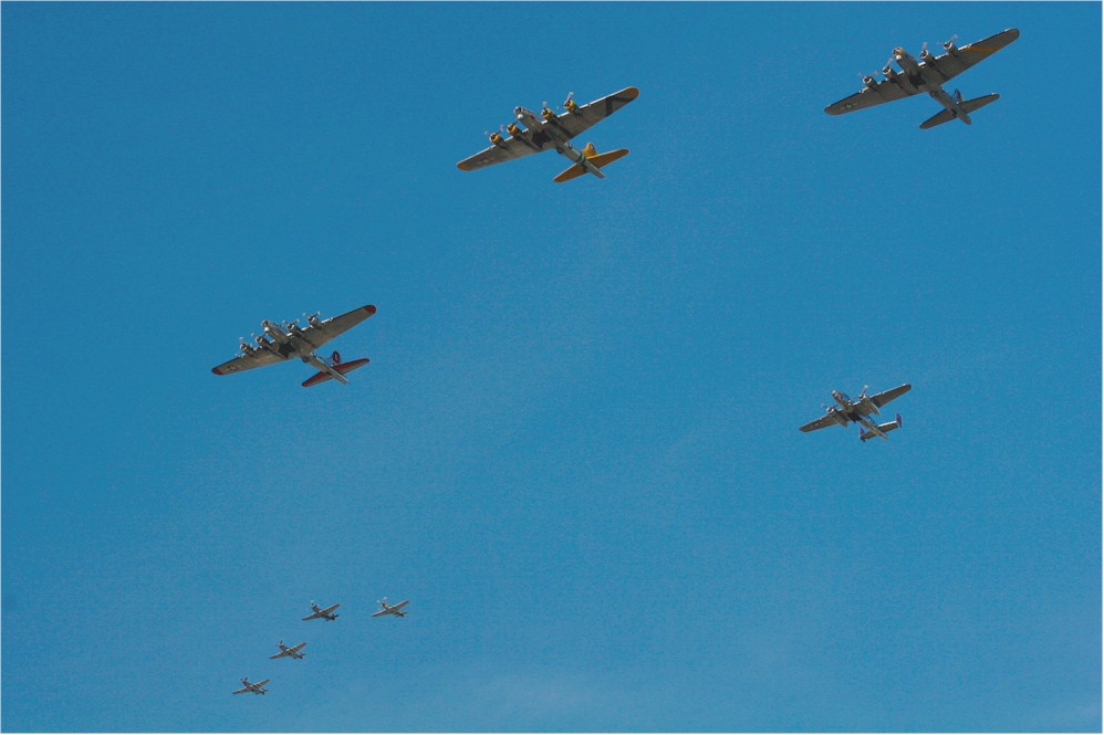 Formation of B-17s, B-25, P-51s